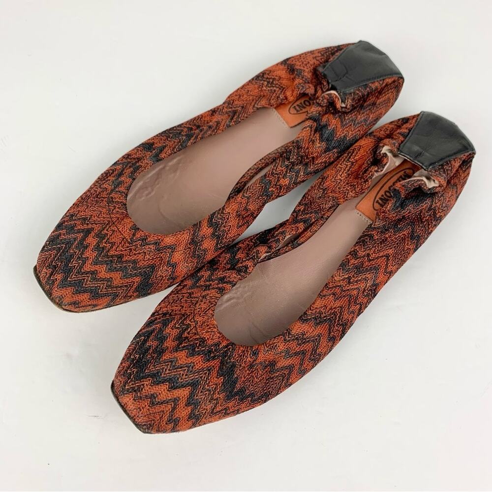 Missoni Square Toe Zig Zag Orange Black Elastic Back Slip On Flats 39